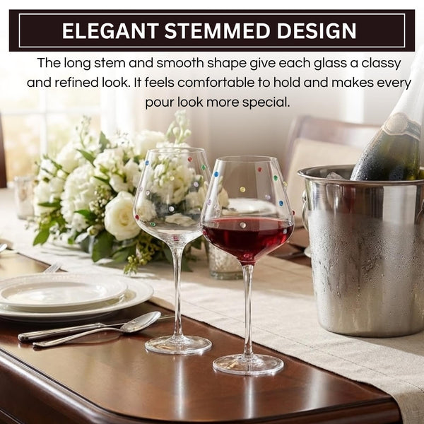 Confetti Stemmed Wine Glasses Set of 2, 20oz Multicolor Clear Glass 20oz Goblets for Wine Water Juice Sparkling Drinks, Elegant Handmade Drinkware for Parties Dining Entertaining Housewarming Gifts