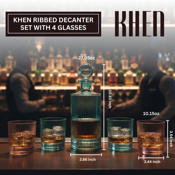 Khen Ribbed Decanter Set with 4 Glasses – Whiskey Bourbon Scotch Cocktail Drinkware | 5-Piece Muted Toned Glassware Collection | European Inspired Durable Barware Gift Elegant Home Bar 27oz 10oz