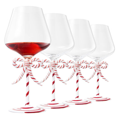 Khen Christmas Candy Cane Bow Wine Glasses - Set of 4 - Festive Santa Ribbon Stem Goblets 20oz Red & White Striped Borosilicate Drinkware, Holiday Entertaining Winter Parties Home Bar Decor Gift