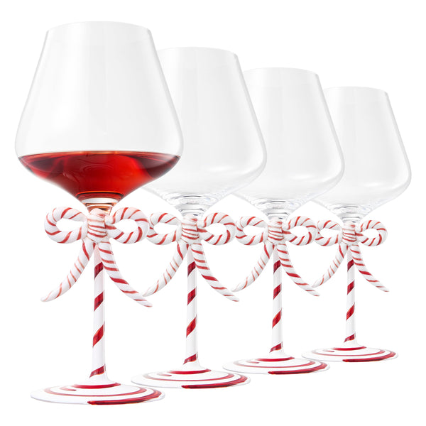 Khen Christmas Candy Cane Bow Wine Glasses - Set of 4 - Festive Santa Ribbon Stem Goblets 20oz Red & White Striped Borosilicate Drinkware, Holiday Entertaining Winter Parties Home Bar Decor Gift