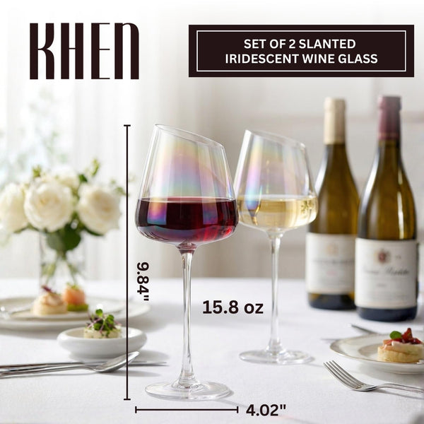 Slanted Iridescent Wine Glass, Clear Glass Angled Rainbow