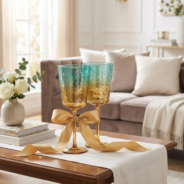Gold and Teal Hammered Stemmed Wine Glasses, 2 Set, 10.5oz