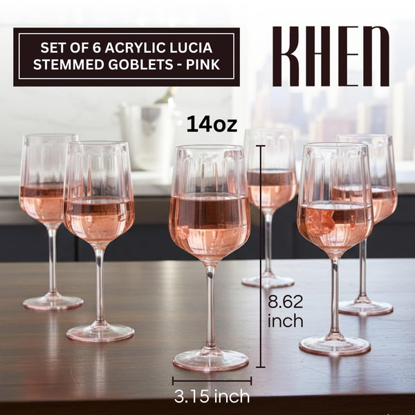 Khen Acrylic Lucia Stemmed Goblets - Unbreakable Wine Glasses Reusable Drinking Cups Dishwasher Safe Elegant Stemware for Cocktail Champagne | Kitchen Bar Party | Set of 6 |14oz | Pink