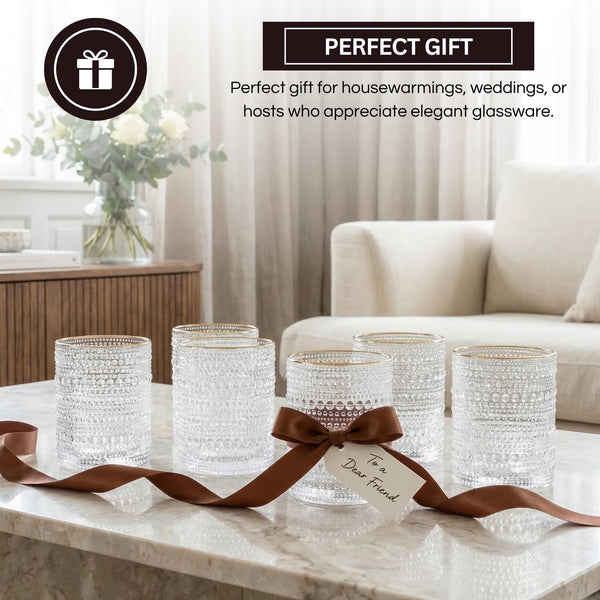 Clear Gold Rim Hobnail Glass Set, 6 Piece 10oz Transparent