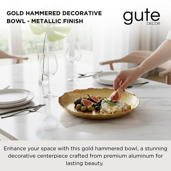 Gold Hammered Decorative Bowl Elegant Aluminum Centerpiece with Textured Finish Large Round 13 Inch Metallic Display Bowl for Home Kitchen or Dining Table Accent Modern Decorative Gifts Decor Bowls