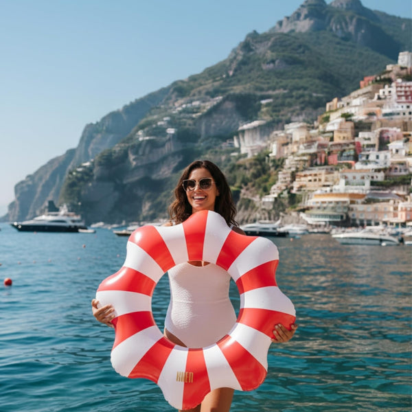Amalfi Scalloped Pool Float Ring, 1 Piece, Red & White Inflatable Swim Tube