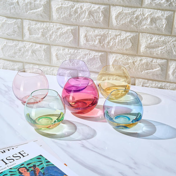 Colored Wine Glass Set, Large 12oz Bubble Glasses Set of 6, Unique Italian Style Tall for White & Red Wine, Water, Margarita Glasses, Color Tumbler, Gifts, Viral Beautiful Glassware (Stemless Bubble)