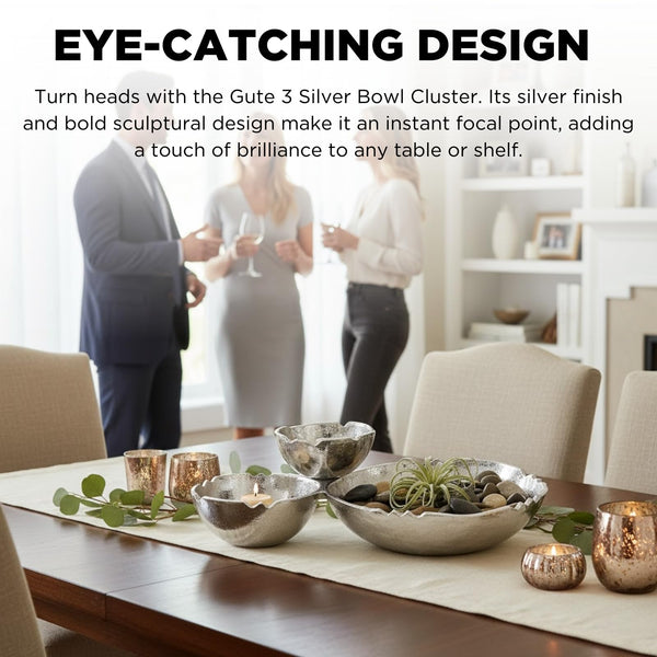 3 Cluster Decorative Bowls Bright Silver Snack Tray Bowl Chip & Dip Serving Piece Strong Brass Centerpiece Beautiful Room Accent & Entertaining Parties Home Decor Wedding Gifts 14.6 Inch Decorative