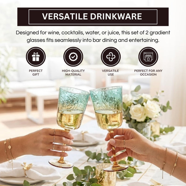 Gold and Teal Hammered Stemmed Wine Glasses, 2 Set, 10.5oz