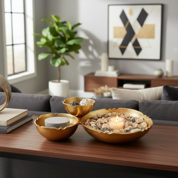 3 Cluster Decorative Bowls Bright Gold Brass Snack Tray Bowl Chip & Dip Serving Piece Strong Centerpiece Beautiful Room Accent & Entertaining Parties Home Decor Wedding Gifts 14.6 Inch Decorative Gift