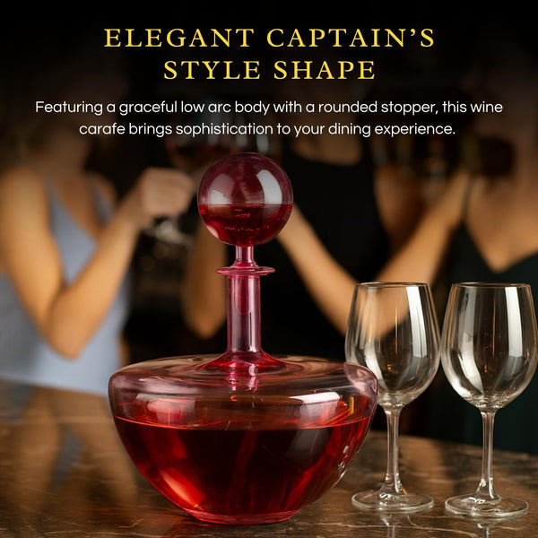 Blush Pink Low Arc Glass Decanter Handblown Captain’s Style Carafe, Round Stopper Elegant Art Wine, Spirits Pitcher Sophisticated Modern Centerpiece - Home Bar Dining Wedding or Anniversary Decor Gift