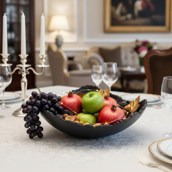 Black Powder Coated Platter Bowl – Modern Aluminum Decorative Centerpiece | Home Kitchen Dining Table Accent | Single Piece | 12