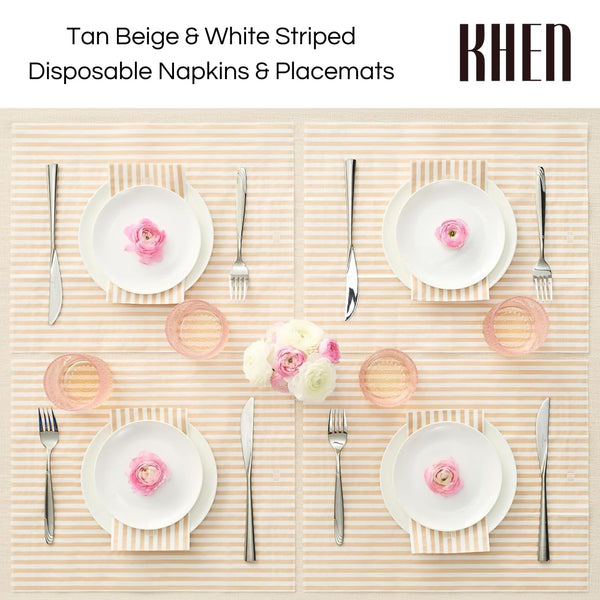 Striped Disposable Napkins & Placemats – 3-Ply Paper Tableware for Parties, BBQs, Picnics, Birthdays & Holiday Gatherings – Elegant & Absorbent Dinner Napkins with Matching Placemats - Beige Set of 50