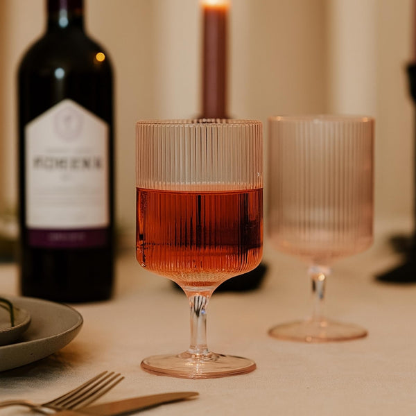 Khen Ripple Textured Blush Pink Stemmed Glass Wine Goblets | Set of 2 | 300ml Clear Elegant Romantic Drinkware for Red White Rosé Cocktail | Como Collection | Vintage Bar Kitchen Aesthetic Glasses