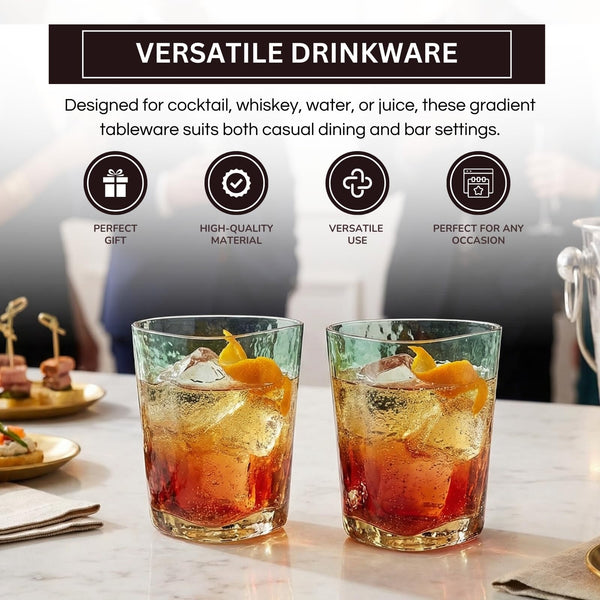 Gold and Teal Hammered Lowball Tumbler, DOF Glasses, 2 Set, 12.5oz