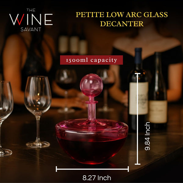 Blush Pink Low Arc Glass Decanter Handblown Captain’s Style Carafe, Round Stopper Elegant Art Wine, Spirits Pitcher Sophisticated Modern Centerpiece - Home Bar Dining Wedding or Anniversary Decor Gift