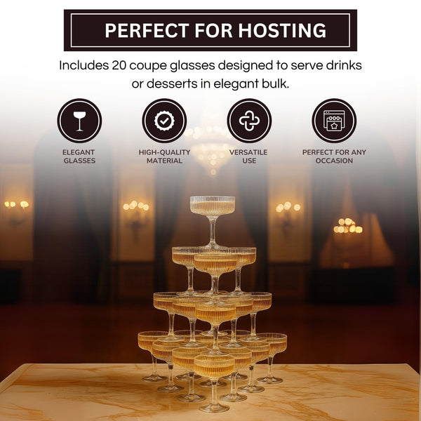 Glass Champagne Tower Set of 20 Crystal Coupes – 7oz Clear Stackable Coupe Glasses for Building Champagne Fountains at Weddings, Parties, Events, & Celebrations – Elegant Toasting Cups for Displays