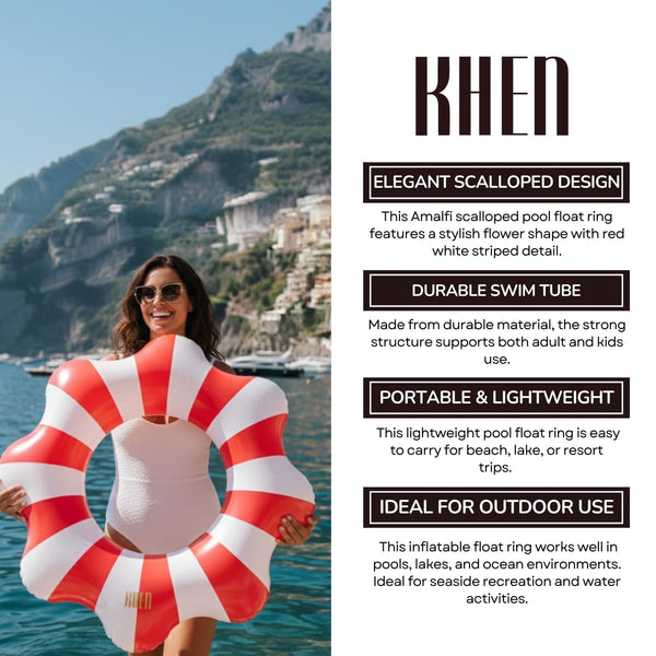 Amalfi Scalloped Pool Float Ring, 1 Piece, Red & White Inflatable Swim Tube