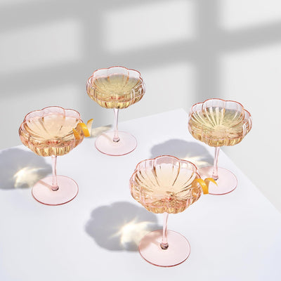 Khen Flower Modern Wavy Glass Coupes Martini, Champagne & Cocktail Coupes - Set of 4-7.7oz Colorful Cocktail Glasses & Prosecco, Mimosa Glassware Copyright Design - Blush Pink