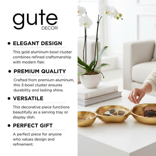 3 Cluster Decorative Bowls Gold Hammered Snack Tray Bowl Chip & Dip Serving Piece Strong Brass Centerpiece Beautiful Room Accent & Entertaining Parties Home Decor Wedding Gifts 14 Inch Decorative Gift