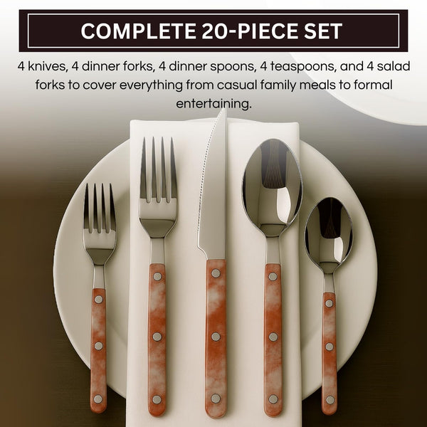 Khen 20-Piece Cutlery Set with Dinner Knives, Forks, Spoons, Salad Forks & Teaspoons – Durable and Dishwasher Safe Utensil Set for Home, Kitchen, Weddings & Occasions - Blush Storm Pattern Handle