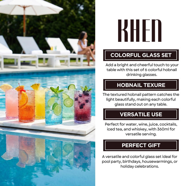 Khen Hobnail Beaded Highball Drinking Tumbler Glasses | Set of 6