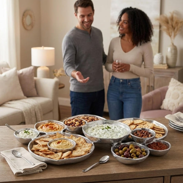 Cluster of 10 Round Serving Bowls Silver Clusters Decorative Elegant Snack Tray for Olives, Chip & Dip, Nuts, Appetizers & Entertaining Strong Brass & Enamel Home Decor Gifts, Parties & Weddings 20.5