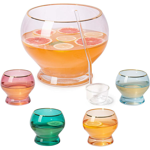Vibes Colorful 1.7 Gallon Punch Bowl with 4 10oz Glasses Set with Ladle Gift For Mothers Day, Her, Wife, Mom, Friend - Colored Set Margarita, Cocktails, Juice, Punch Drink bowl for Parties, Weddings