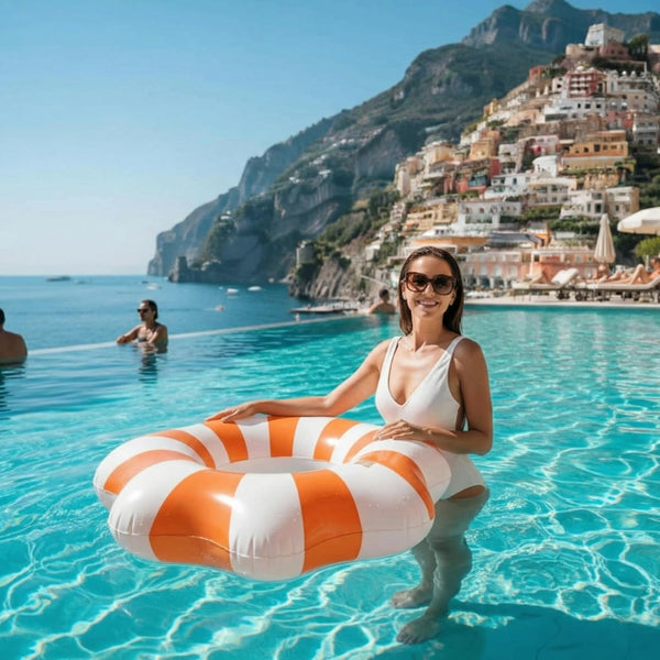 Amalfi Scalloped Pool Float Ring, 1 Piece, Orange & White Inflatable Swim Tube