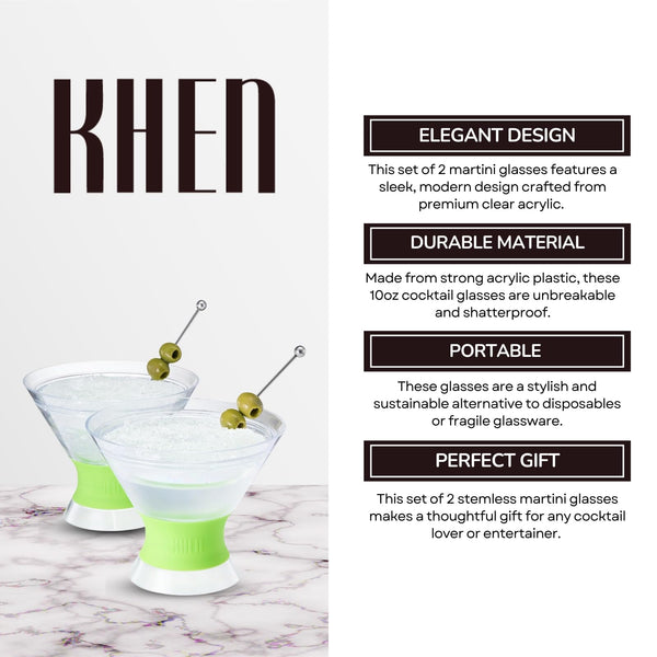 Khen Cooling Martini Glasses – Double-Wall Insulated 10 oz Cocktail Glasses with Frosted Base – BPA-Free, Shatterproof, Reusable Drinkware for Parties & Home Bars - Set of 2