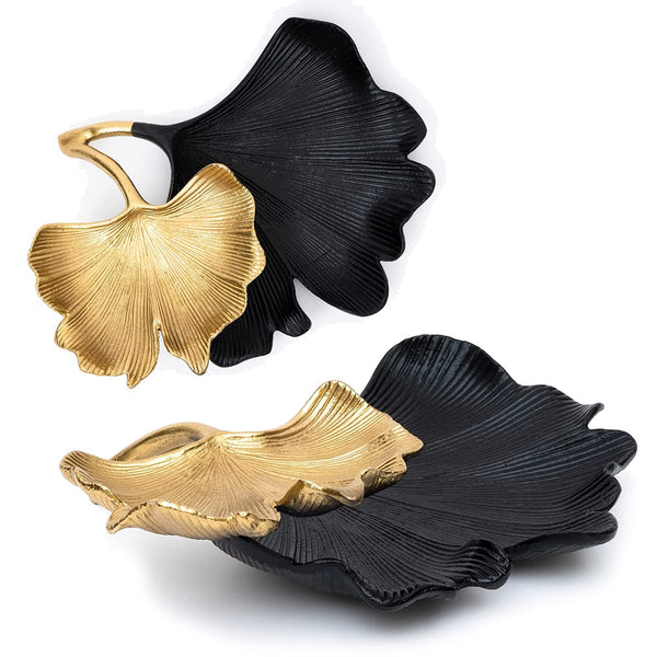 Black & Gold Ginkgo Leaf Tray, 2-Tier Centerpiece