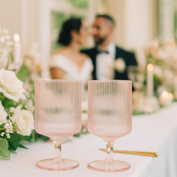 Khen Ripple Textured Blush Pink Stemmed Glass Wine Goblets | Set of 2 | 300ml Clear Elegant Romantic Drinkware for Red White Rosé Cocktail | Como Collection | Vintage Bar Kitchen Aesthetic Glasses