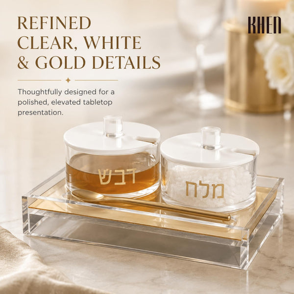 Rosh Hashanah Honey And Salt Dish Set Lids Spoon Clear Acrylic Judaica