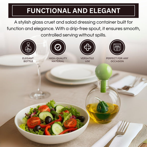 Olive Oil Dispenser Bottle 10oz Glass Cruet with Glass Olive, Drip-Free Pour Spout for Cooking & Salad Dressing, Clear Oils & Vinegar Kitchen, Dining, or Gourmet Gift – Elegant Storage & Serving Jar