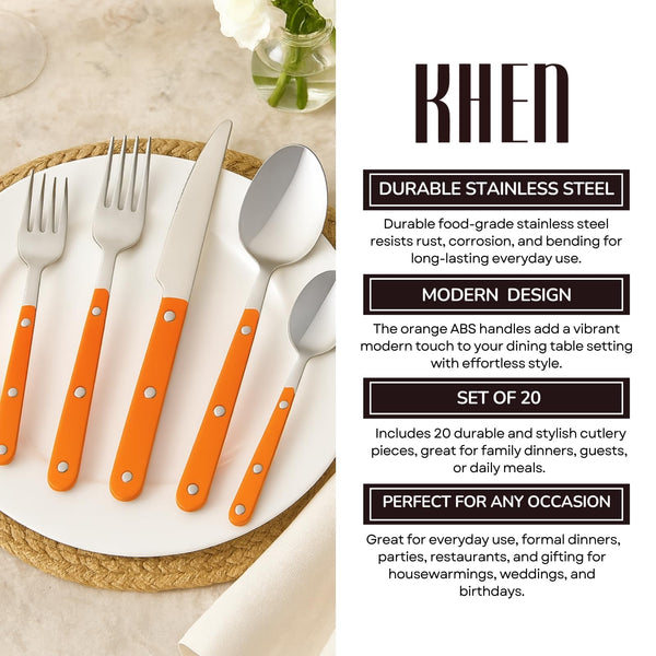 Khen 20-Piece Cutlery Set with Dinner Knives, Forks, Spoons, Salad Forks & Teaspoons – Durable and Dishwasher Safe Utensil Set for Home, Kitchen, Parties & Special Occasions – Orange Handle