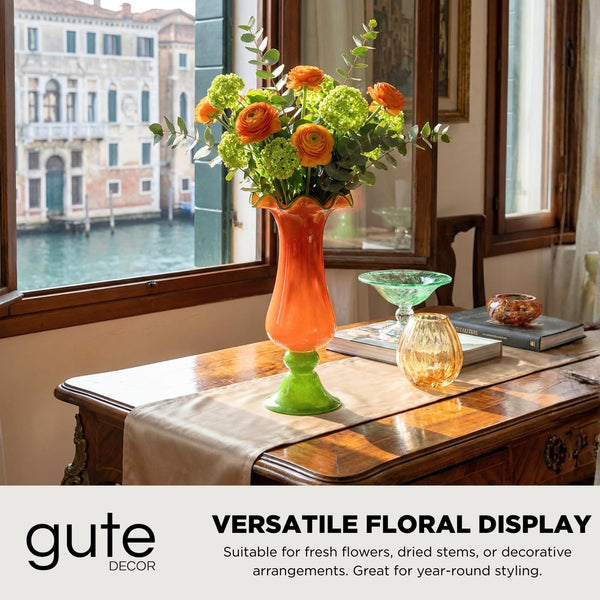 Sunset Bloom Murano Style Ruffled Glass Vase - Single Piece Orange & Green
