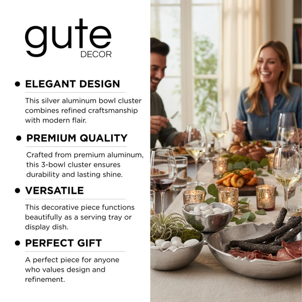 3 Cluster Decorative Bowls Bright Silver Snack Tray Bowl Chip & Dip Serving Piece Strong Brass Centerpiece Beautiful Room Accent & Entertaining Parties Home Decor Wedding Gifts 14.6 Inch Decorative