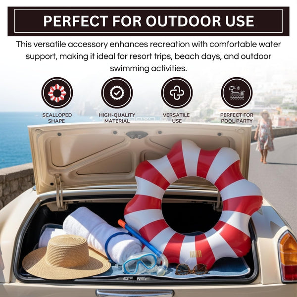 Amalfi Scalloped Pool Float Ring, 1 Piece, Red & White Inflatable Swim Tube