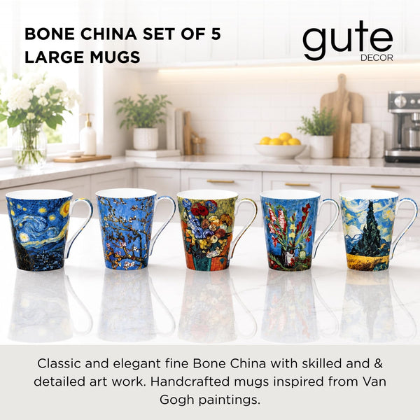 Van Gogh Bone China Set of 5 Large Mugs for Coffee and Tea, With Gift Box, 12