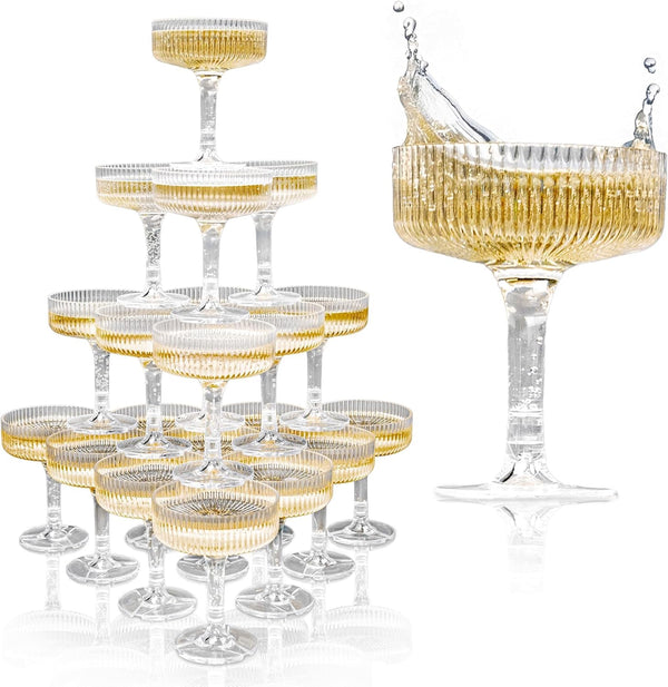 Glass Champagne Tower Set of 20 Crystal Coupes – 7oz Clear Stackable Coupe Glasses for Building Champagne Fountains at Weddings, Parties, Events, & Celebrations – Elegant Toasting Cups for Displays