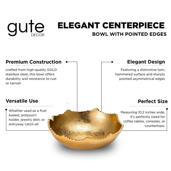 Decorative Gold Moon Decorative Metal Torn Hammered Asymmetrical Centerpiece Bowl with Pointed Edges, 10.2in Catch All, Golden Stainless Steel Metal & Brass, Accent Basket Fruit, Potpourri, Jewelry