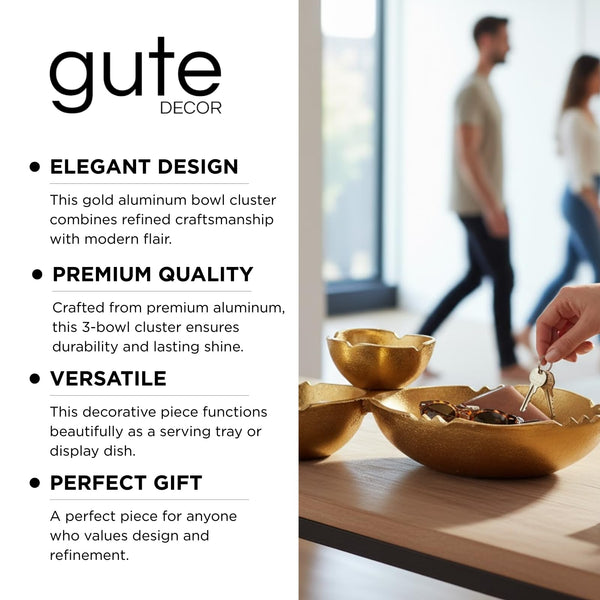 3 Cluster Decorative Bowls Bright Gold Brass Snack Tray Bowl Chip & Dip Serving Piece Strong Centerpiece Beautiful Room Accent & Entertaining Parties Home Decor Wedding Gifts 14.6 Inch Decorative Gift