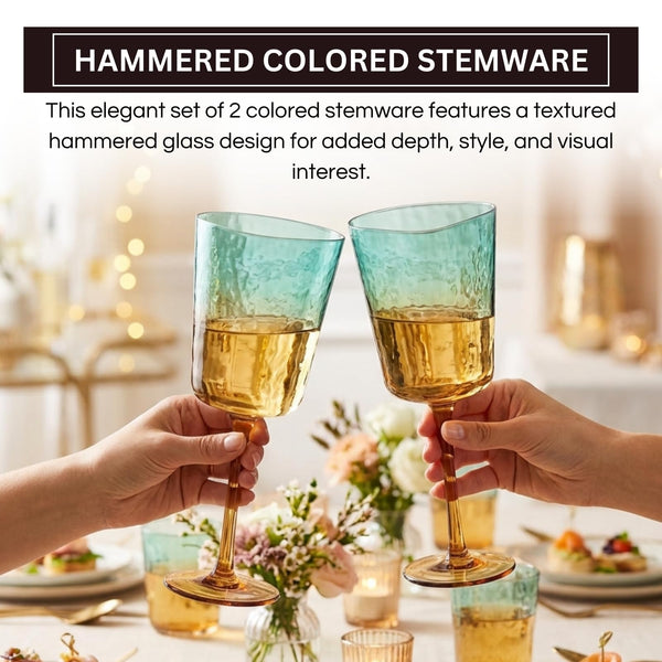 Gold and Teal Hammered Stemmed Wine Glasses, 2 Set, 10.5oz