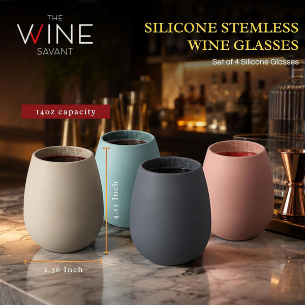 Unbreakable Silicone Stemless Wine Glassware | Set of 4 | Reusable & Shatterproof