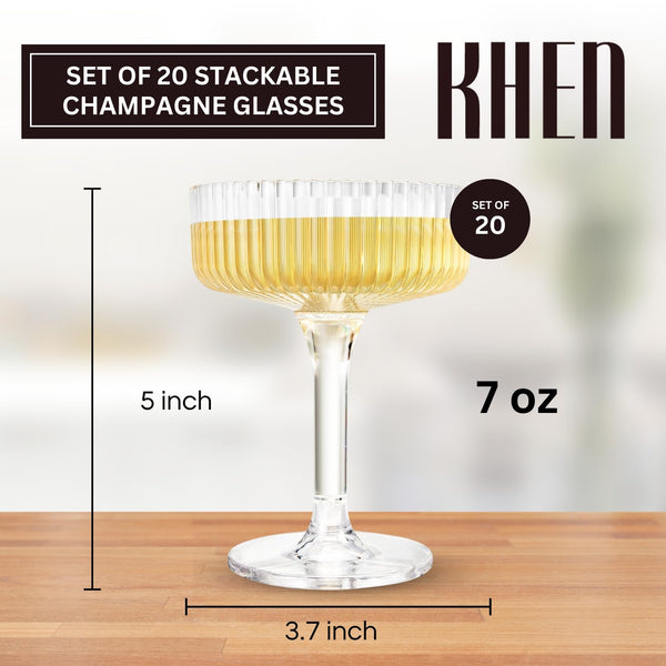 Premium ACRYLIC Champagne Tower Kit | 21 Stackable 7 oz Plastic Coupe Flutes | Reusable & Shatterproof Clear Plastic Glasses for Wedding Receptions, Birthday Parties, and Special Events, Clear Tall