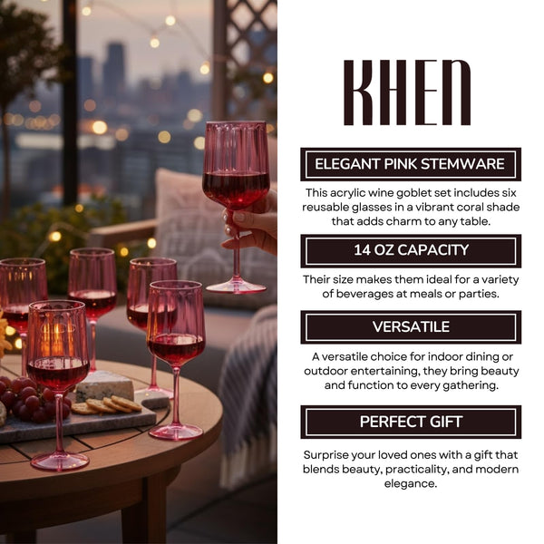 Khen Acrylic Lucia Stemmed Goblets - Unbreakable Wine Glasses Reusable Drinking Cups Dishwasher Safe Elegant Stemware for Cocktail Champagne | Kitchen Bar Party | Set of 6 |14oz | Coral