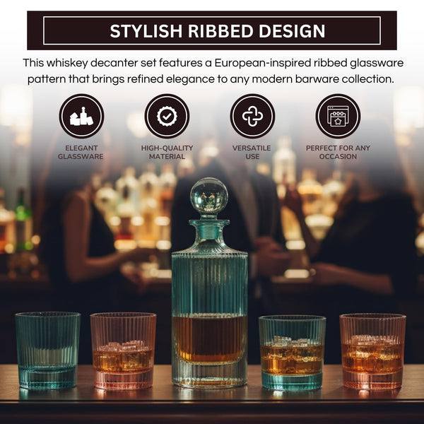 Khen Ribbed Decanter Set with 4 Glasses – Whiskey Bourbon Scotch Cocktail Drinkware | 5-Piece Muted Toned Glassware Collection | European Inspired Durable Barware Gift Elegant Home Bar 27oz 10oz