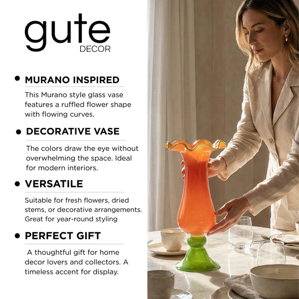 Sunset Bloom Murano Style Ruffled Glass Vase - Single Piece Orange & Green
