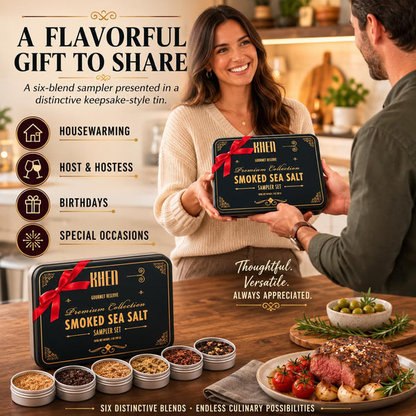 Smoke & Flame Sea Salt Gift Set of 6 – Gourmet Chefs Smoked Finishing Seasoning Variety Pack - Tin Gift Box