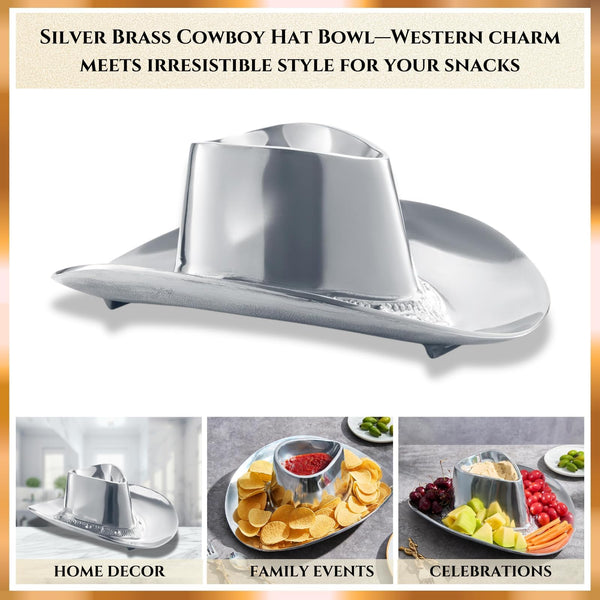 Cowboy Hat Chip and Dip Serving Bowl Silver Brass Snack, Western Candy & Salad Bowl - Chip n Dip All American Hat Centerpiece Serving Platter for Nuts, Salsas, Food, Serveware Decor Entertaining 1PC